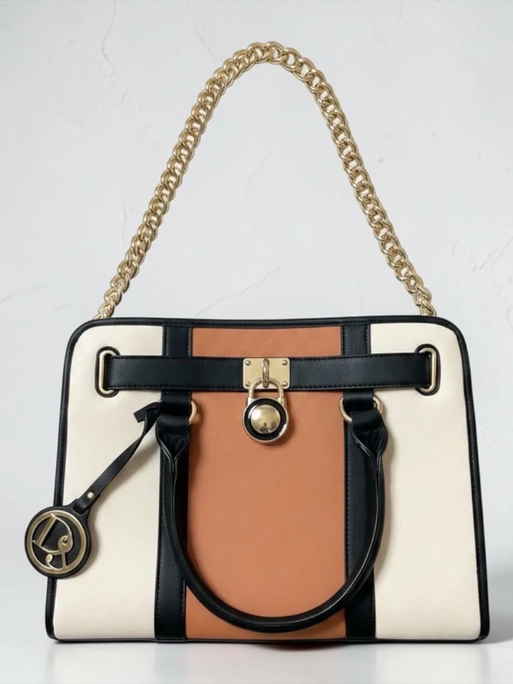 Dasein 3 tone design Black, Cream & Tan Satchel metal lock, footed NWOT